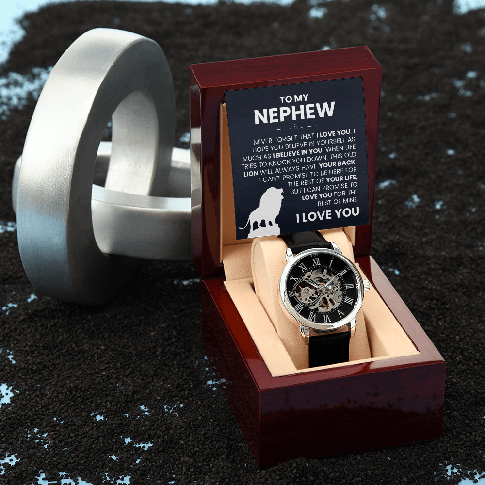 Men's Openwork Watch in gift box with card saying "To My Nephew" - Ideal Birthday & Encouragement Gift from Uncle or Aunt.