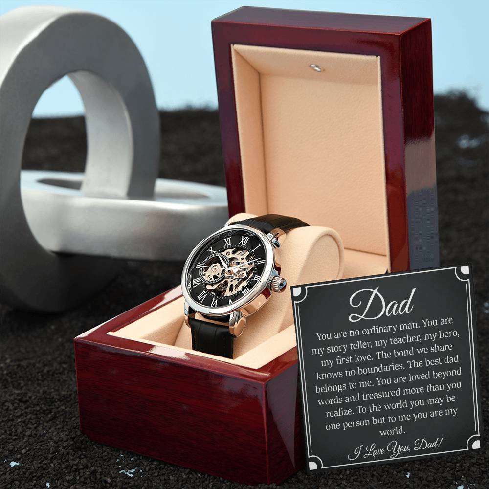 Men's openwork watch with skeleton dial in gift box, perfect gift for Dad's special occasions, includes heartfelt message card.