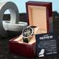 Men's openwork watch with skeleton dial in gift box, featuring a heartfelt message card for nephew from uncle or aunt.