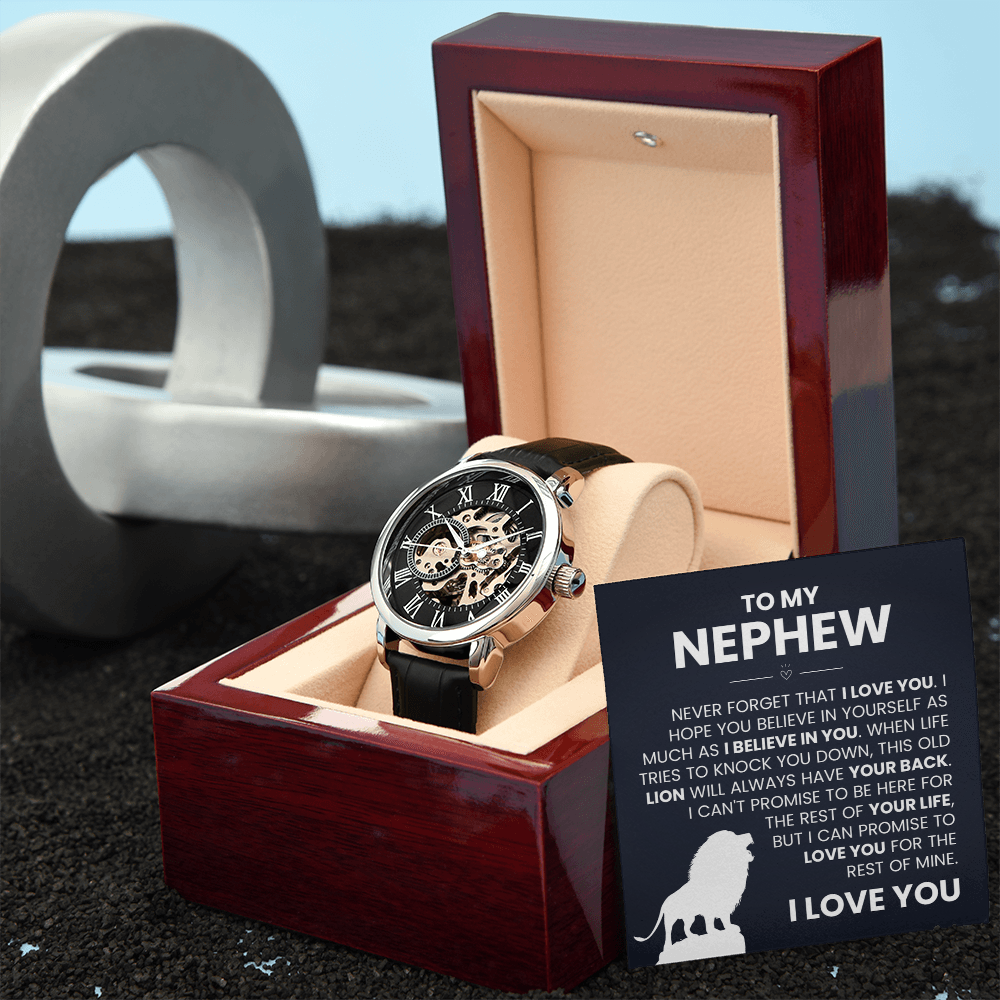 Men's openwork watch with skeleton dial in gift box, featuring a heartfelt message card for nephew from uncle or aunt.
