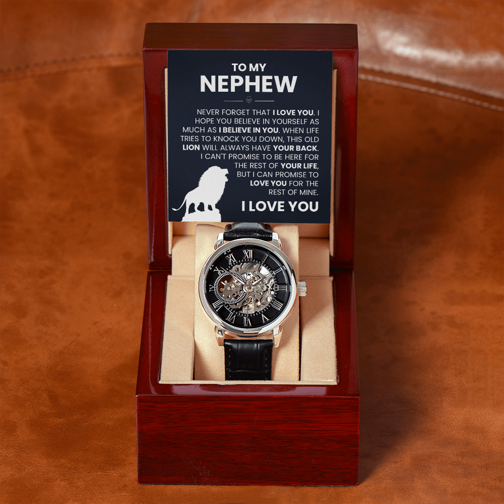 Men's openwork watch with skeleton dial, perfect nephew gift from uncle or aunt, featuring heartfelt encouragement message, leather strap.
