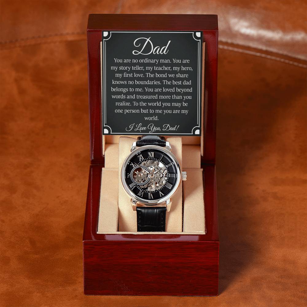 Men's openwork watch with skeleton dial in luxury gift box, perfect gift for dad's remarkable style, genuine leather strap.
