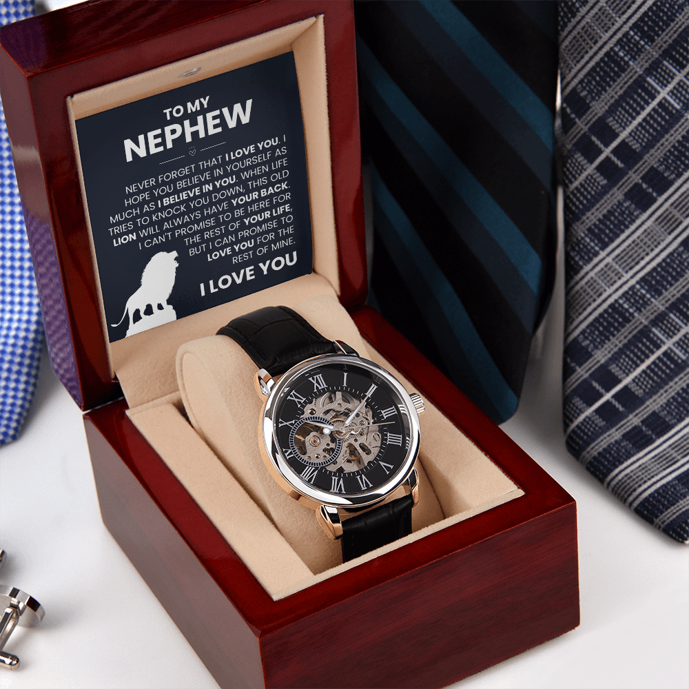Men's openwork watch in gift box, perfect nephew birthday present from uncle or aunt. Stylish mechanical design with skeleton dial.