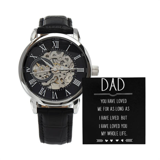 Luxury men's openwork watch with leather strap and skeleton dial, perfect gift for dad with heartfelt message card included.