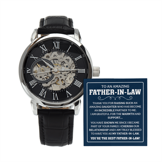 Men's skeleton watch with message card, gift for father-in-law from son-in-law for Father's Day, birthdays, or weddings.