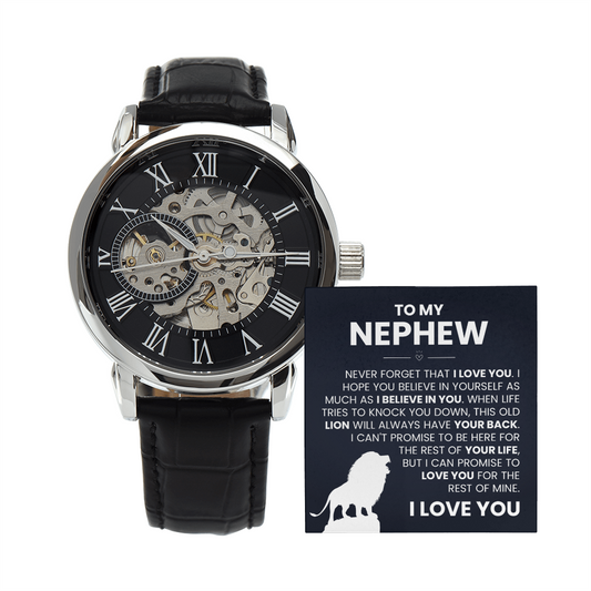 Men's openwork watch with a skeleton dial and black leather strap, ideal gift for a nephew, includes heartfelt message card.