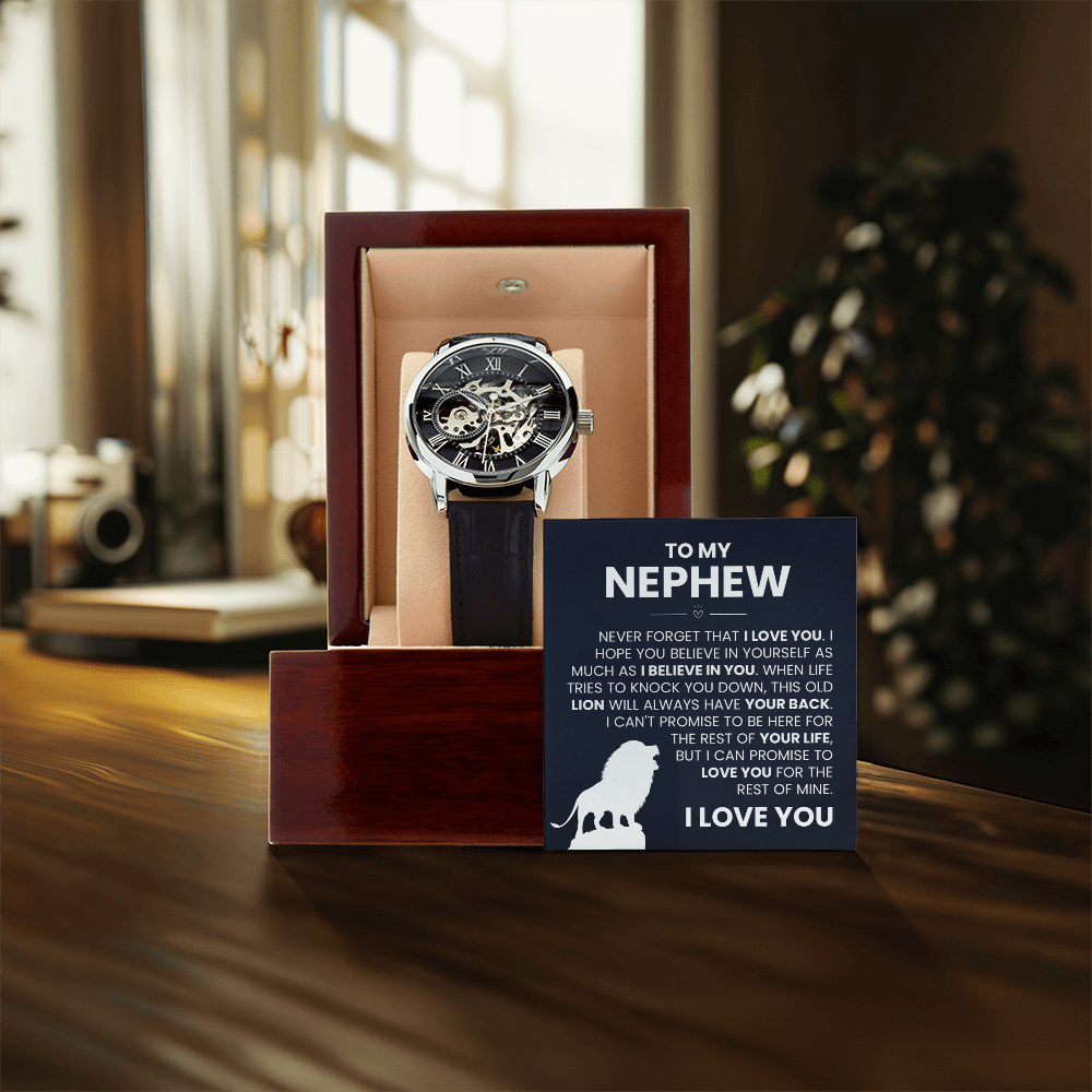 Men's Openwork Watch with Skeleton Dial, Heartfelt Message Card for Nephew, Gift from Uncle or Aunt