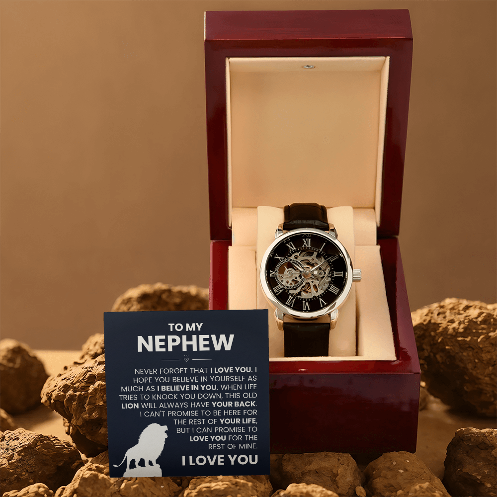 Men's openwork watch with skeleton dial for nephew, elegant gift from uncle or aunt, presented in a box with a heartfelt message.