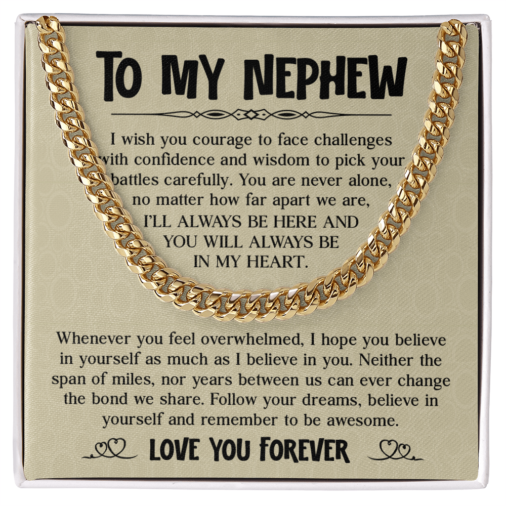 Cuban chain necklace with 'To My Nephew' message card, ideal birthday or graduation gift from aunt or uncle.
