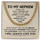 Cuban chain necklace gift for nephew with heartfelt message card from aunt or uncle, perfect for birthday or graduation celebration.