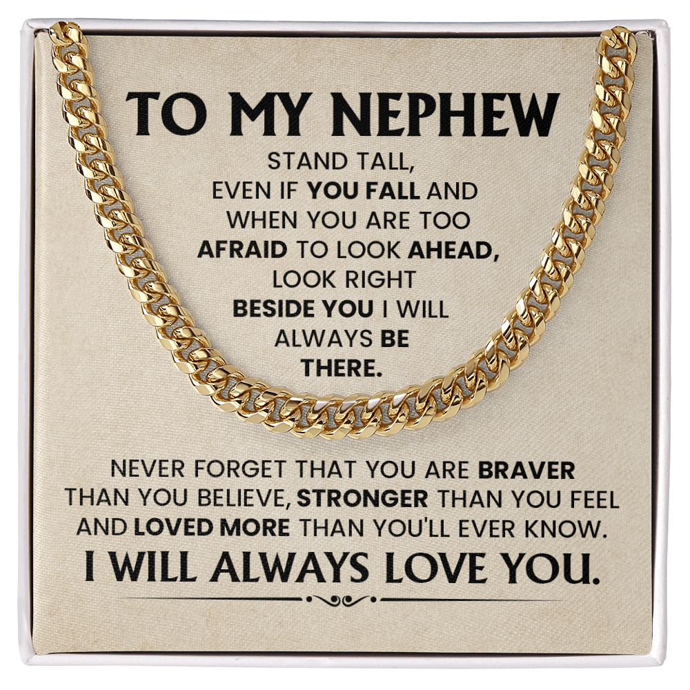 Cuban chain necklace gift for nephew with heartfelt message card from aunt or uncle, perfect for birthday or graduation celebration.