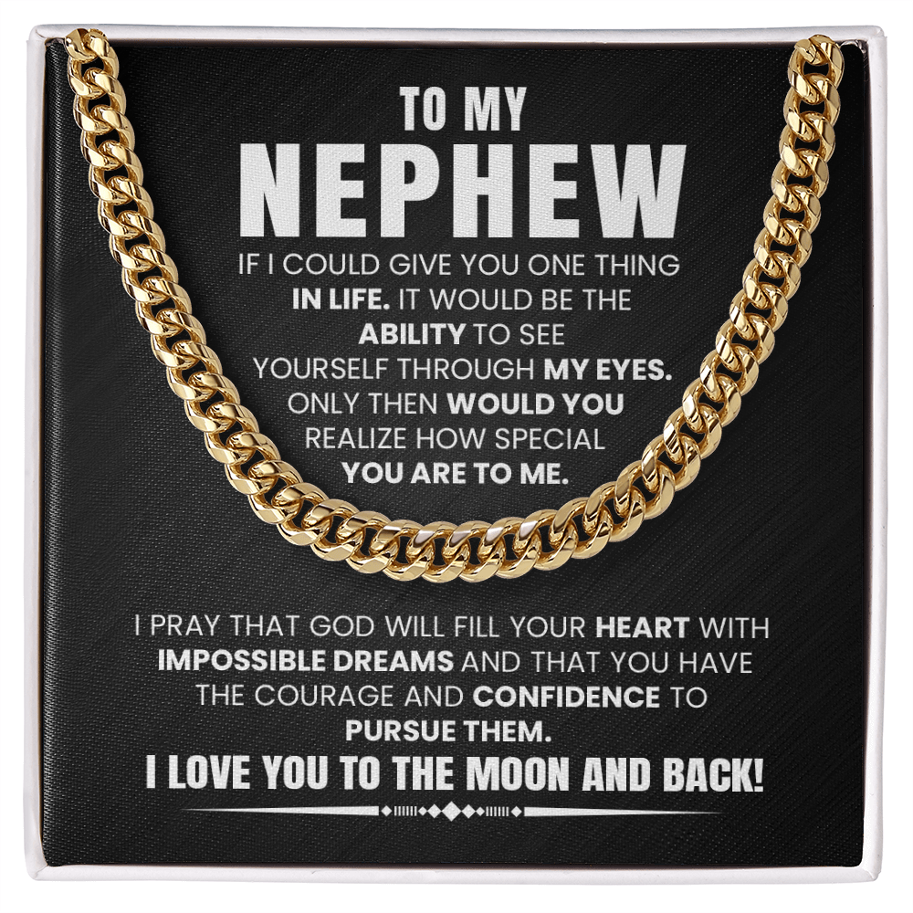 Cuban chain necklace with heartfelt message card for nephew, ideal gift from aunt or uncle for birthday or graduation.