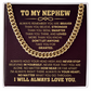 Gold Cuban chain necklace with heartfelt message card for nephew, perfect birthday or graduation gift from aunt or uncle.