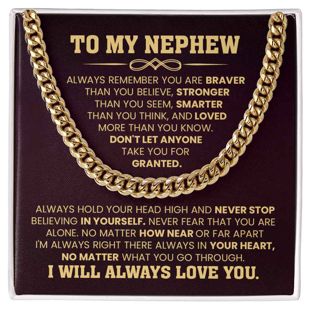 Gold Cuban chain necklace with heartfelt message card for nephew, perfect birthday or graduation gift from aunt or uncle.