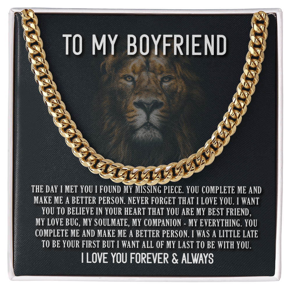 Gold Cuban link chain necklace gift box with romantic message 'To My Boyfriend' and lion design, perfect for special occasions.