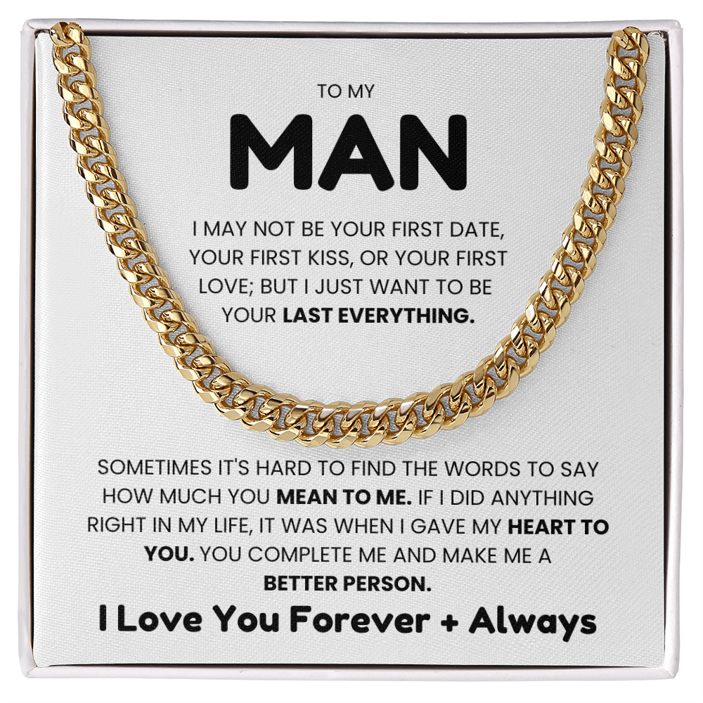 14K gold Cuban link chain necklace with romantic message for husband, perfect gift for birthdays or special occasions.