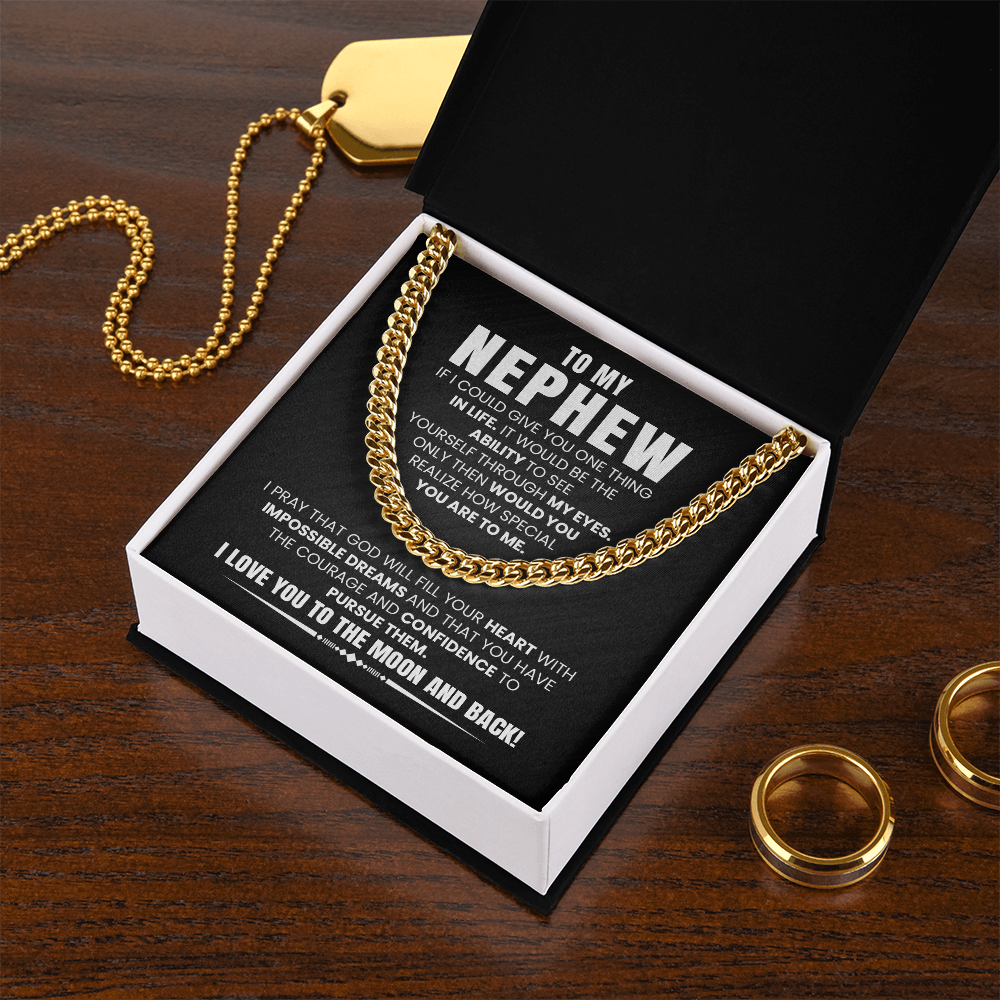 Cuban chain necklace gift for nephew with sentimental message card from aunt or uncle, perfect for birthday or graduation.