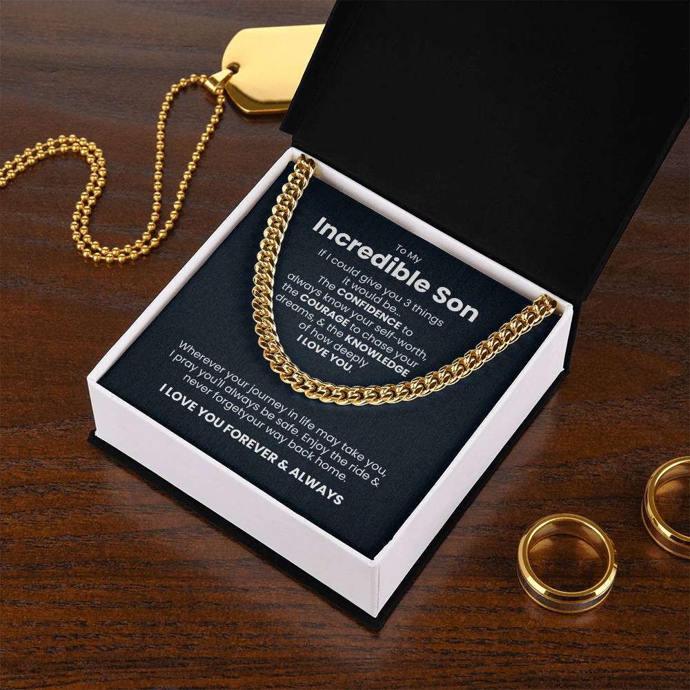 Gold Cuban link chain necklace gift for son with 'I Love You Forever & Always' card in box on wooden table.