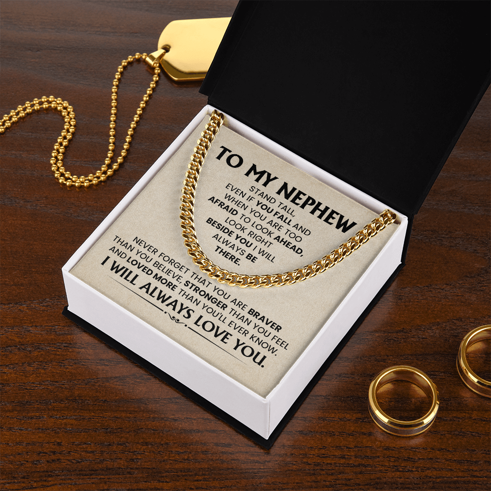 Cuban chain necklace gift for nephew with message card, ideal for birthday or graduation from uncle or aunt, showcasing love and support.
