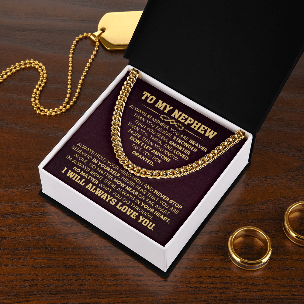 Cuban chain necklace in gift box with 'To My Nephew' message card, perfect birthday or graduation gift from aunt or uncle.
