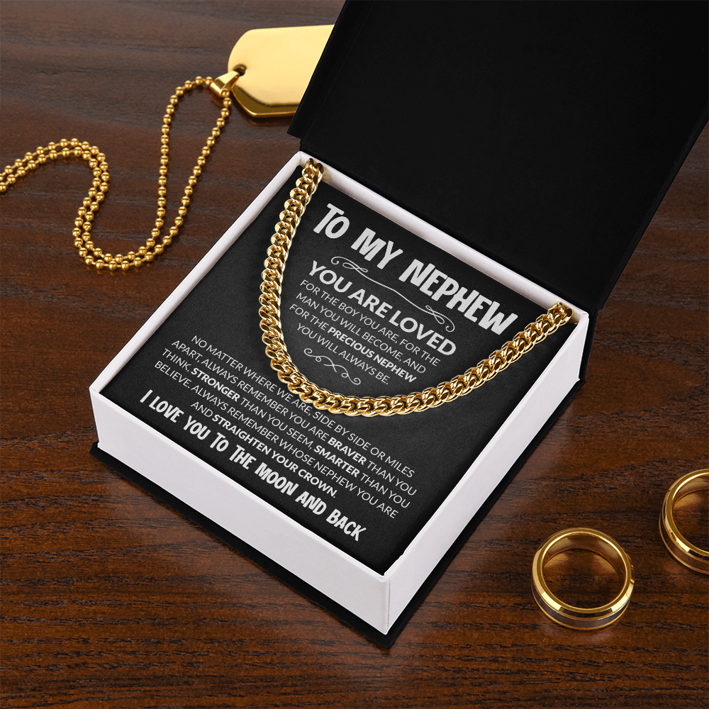 Gift box with gold Cuban chain necklace and heartfelt message card for nephew's birthday or graduation from aunt or uncle.