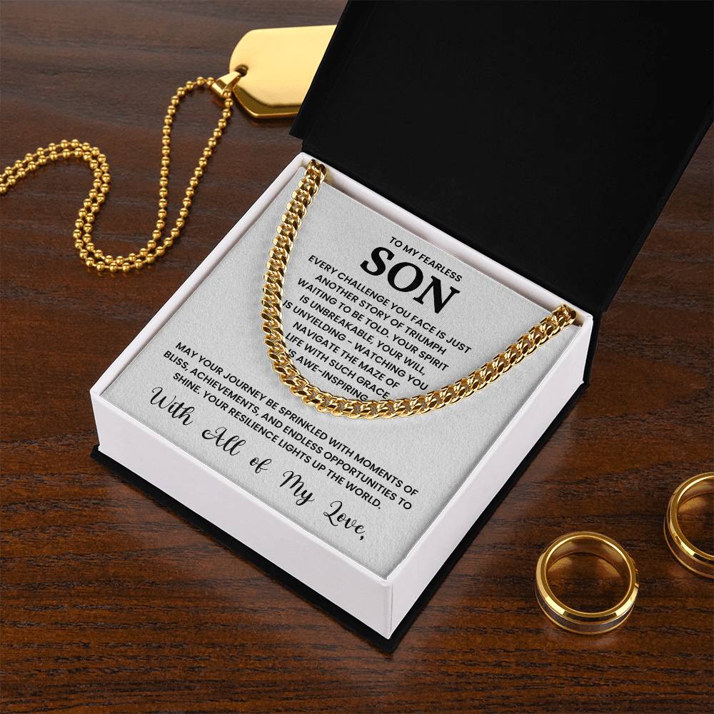 Gold Cuban link chain with inspirational message 'To My Fearless Son', in gift box, perfect for birthdays and special occasions.