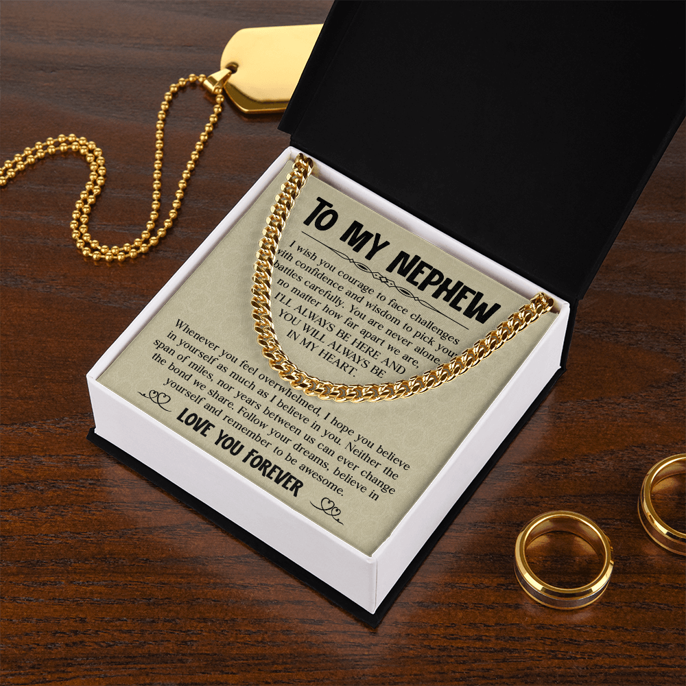 Cuban chain necklace with a 'To My Nephew' message card, ideal gift for nephew's birthday or graduation from aunt or uncle.