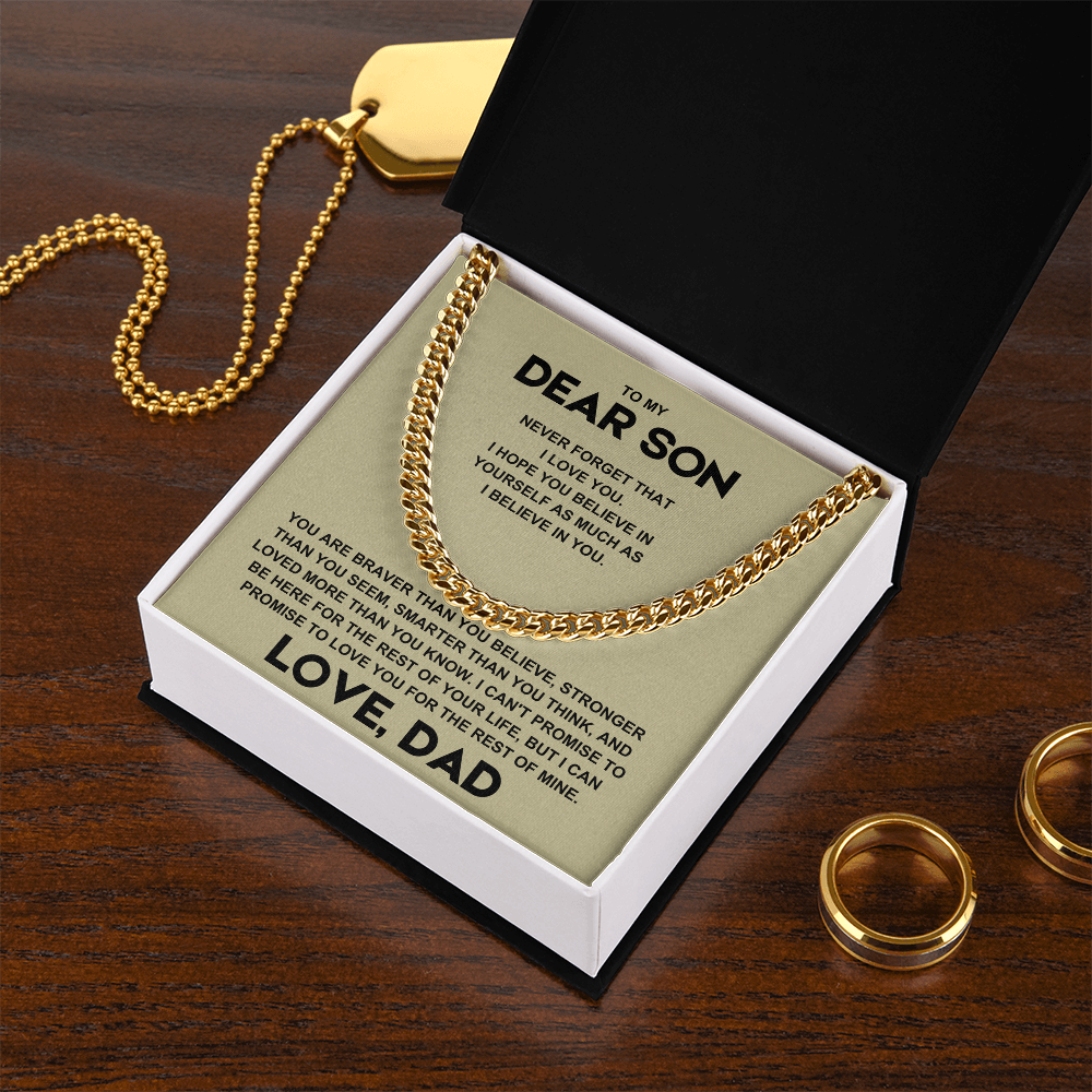 Cuban link chain gift for son with heartfelt message, perfect for birthdays and special occasions, available in gold or stainless steel.
