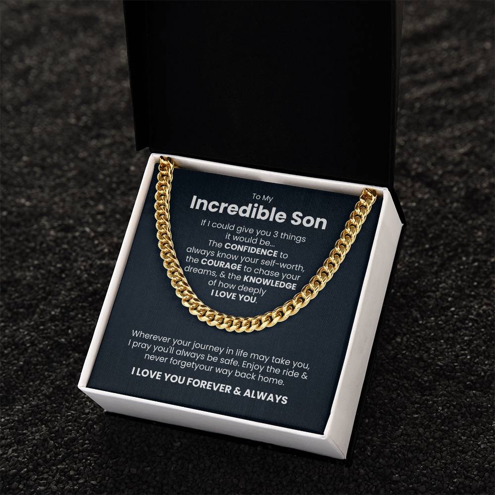 Gold Cuban Link Chain for Son with Heartfelt Message in Gift Box