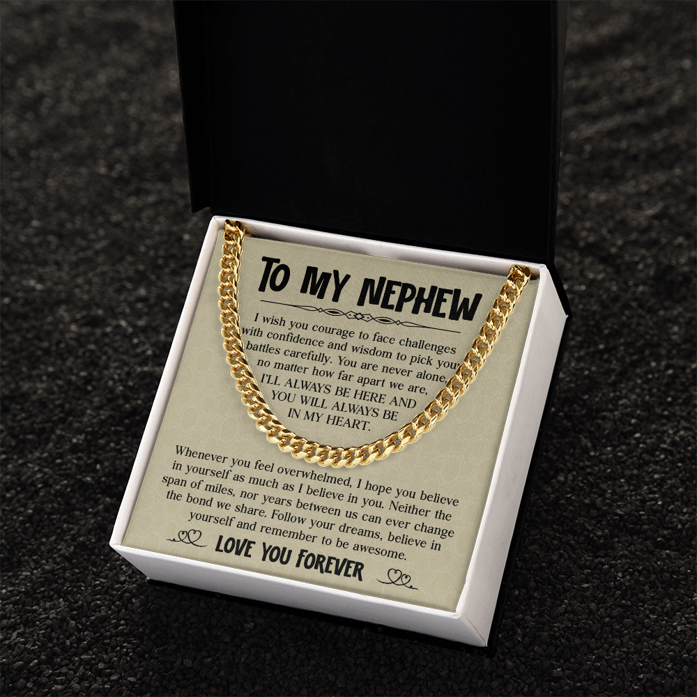 Cuban chain necklace with 'To My Nephew' message card, perfect gift from aunt or uncle for birthday or graduation, expressing love and pride.
