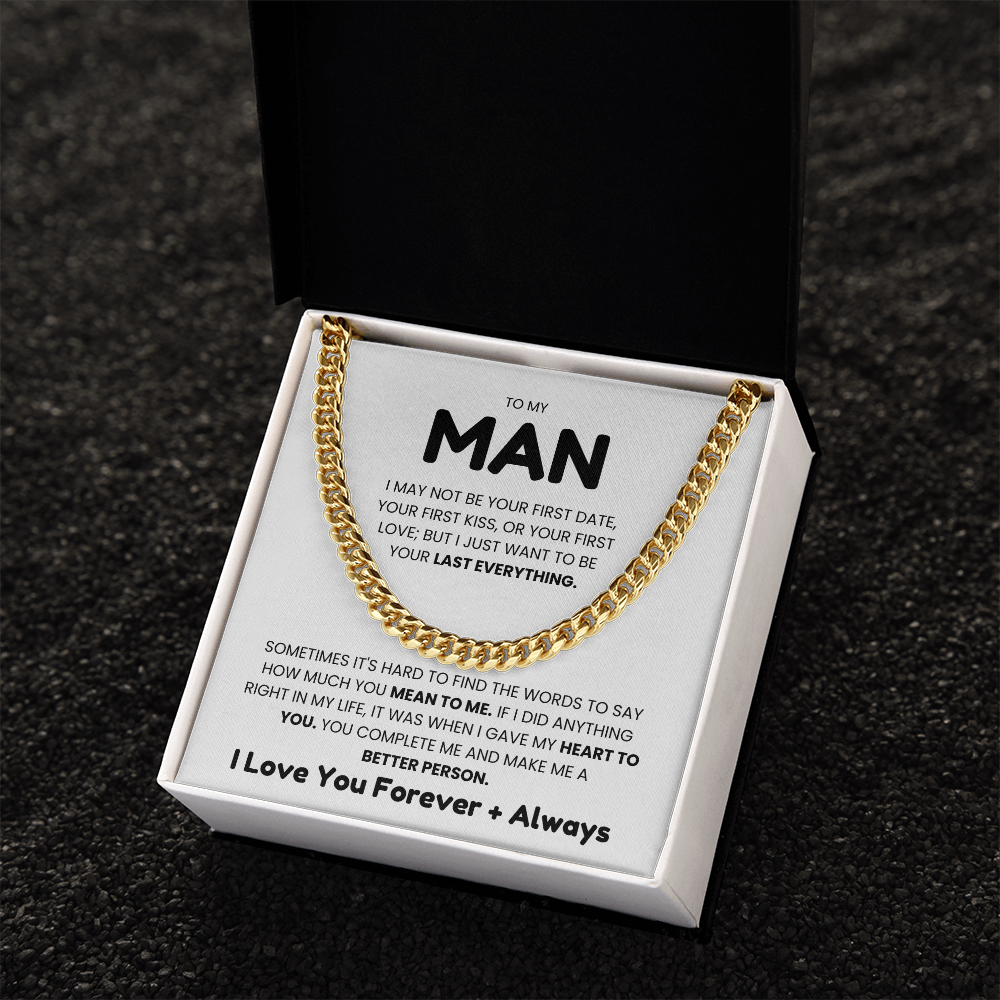 Cuban link chain necklace in gift box with romantic message card, perfect gift for husband. Available in stainless steel or 14K gold.