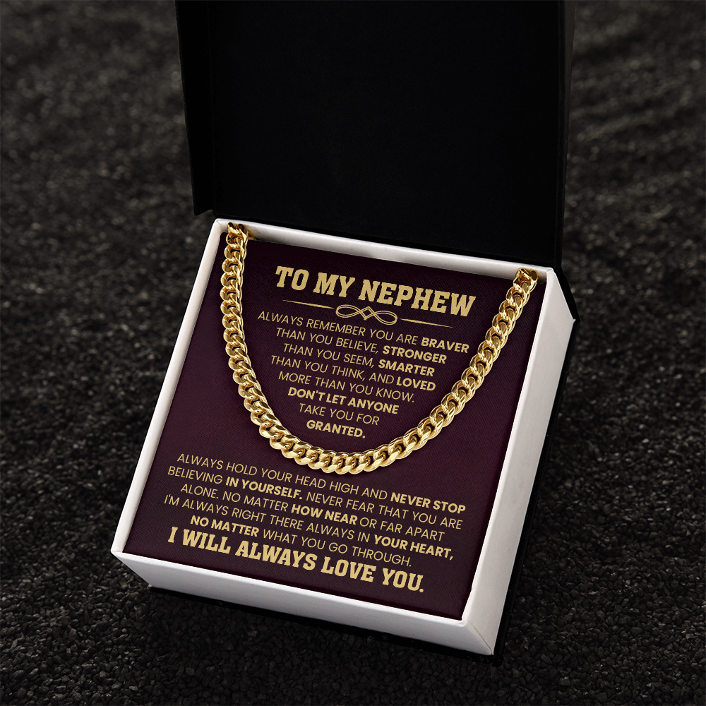 Gold Cuban chain necklace with 'To My Nephew' message card, perfect gift for nephew's birthday or graduation.