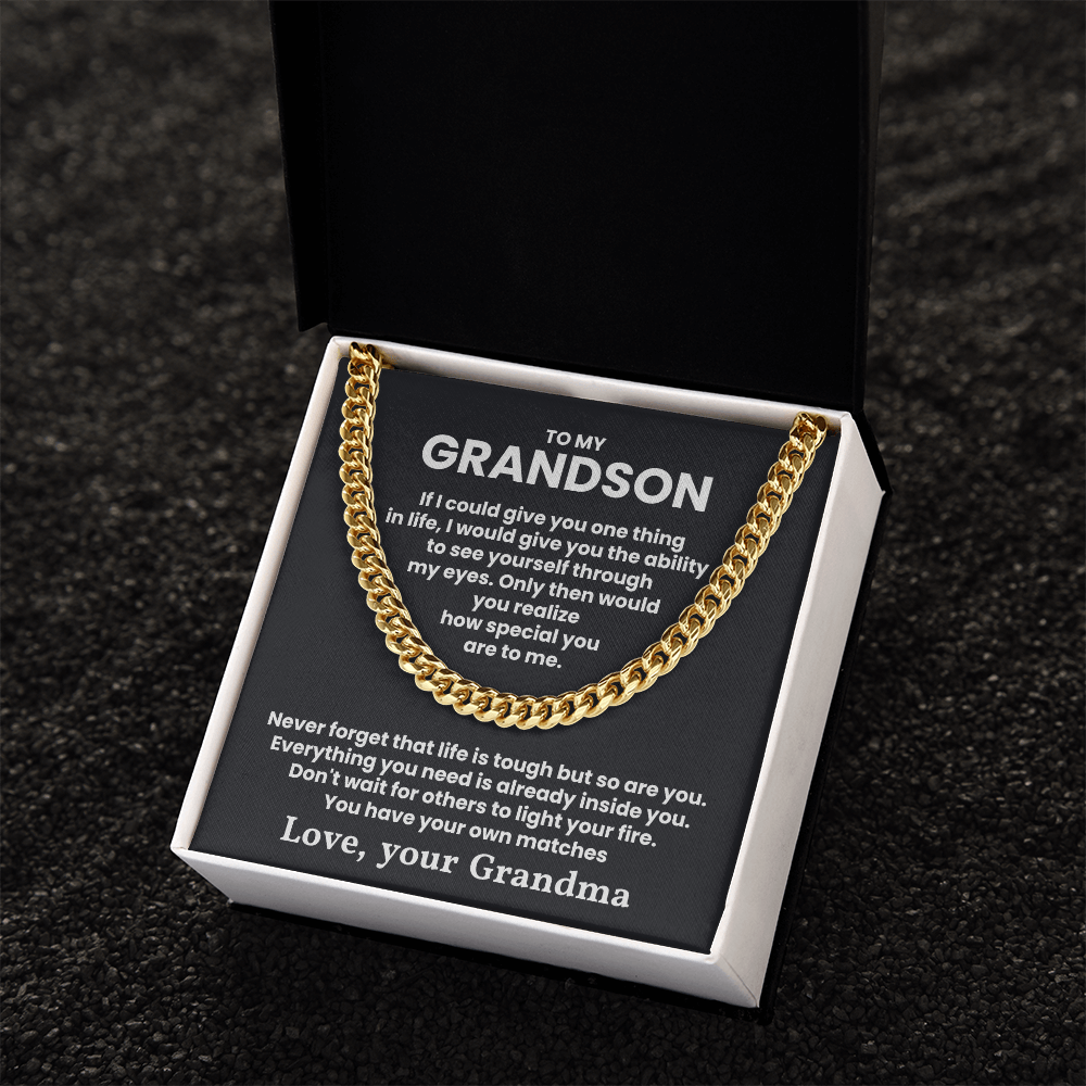 Gold Cuban link chain necklace for grandson with personalized message card in gift box