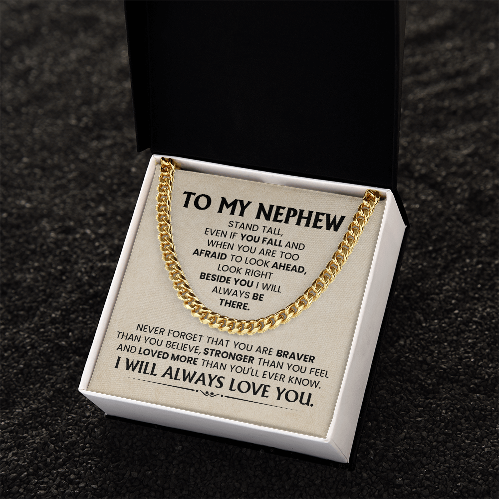 Cuban chain necklace gift with 'To My Nephew' message card in a box, perfect for birthday or graduation from aunt or uncle.