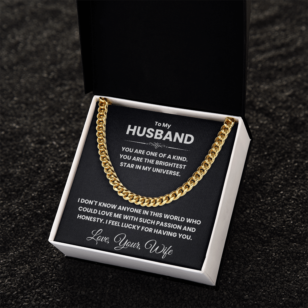 Gold Cuban link chain necklace in a gift box with heartfelt message for husband