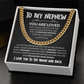 Gold Cuban chain necklace gift with touching message card for nephew, expressing love and pride, perfect for birthdays or graduations.
