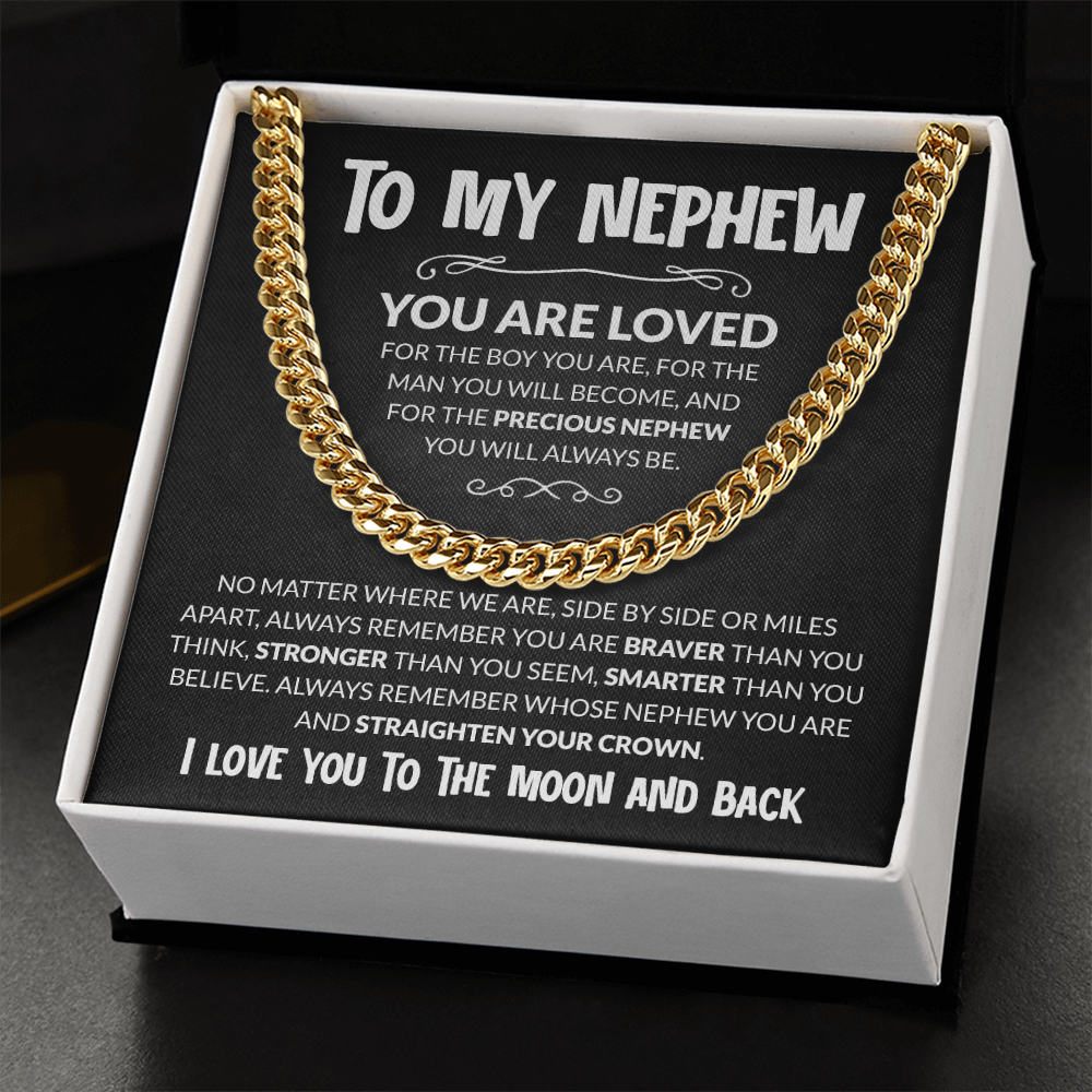 Gold Cuban chain necklace gift with touching message card for nephew, expressing love and pride, perfect for birthdays or graduations.