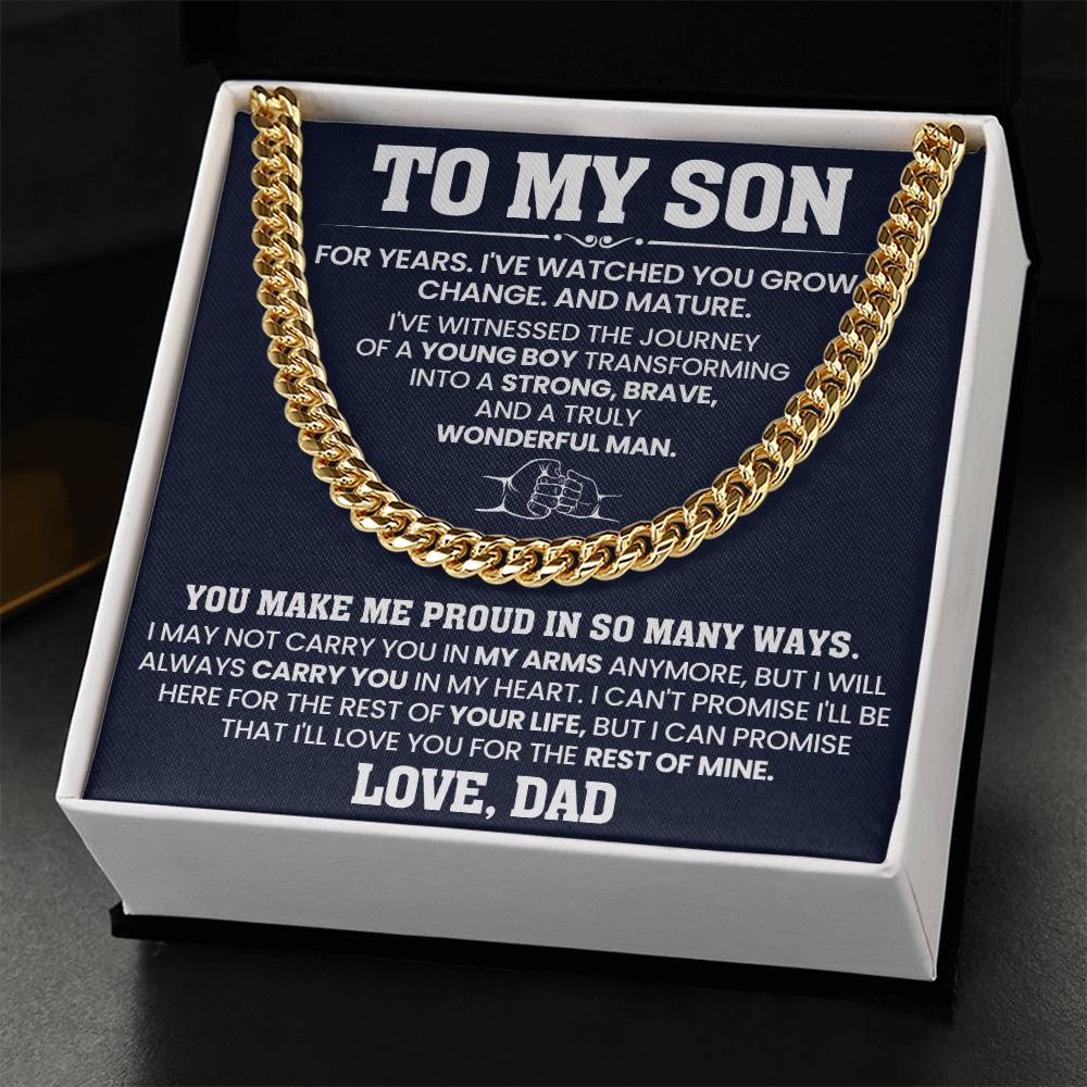 Cuban Link Chain with heartfelt 'To My Son' message in gift box, perfect for birthdays or special occasions, in gold or stainless steel.