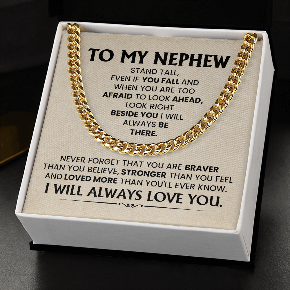 Cuban chain necklace gift for nephew from aunt or uncle with heartfelt message card for birthday or graduation celebration.