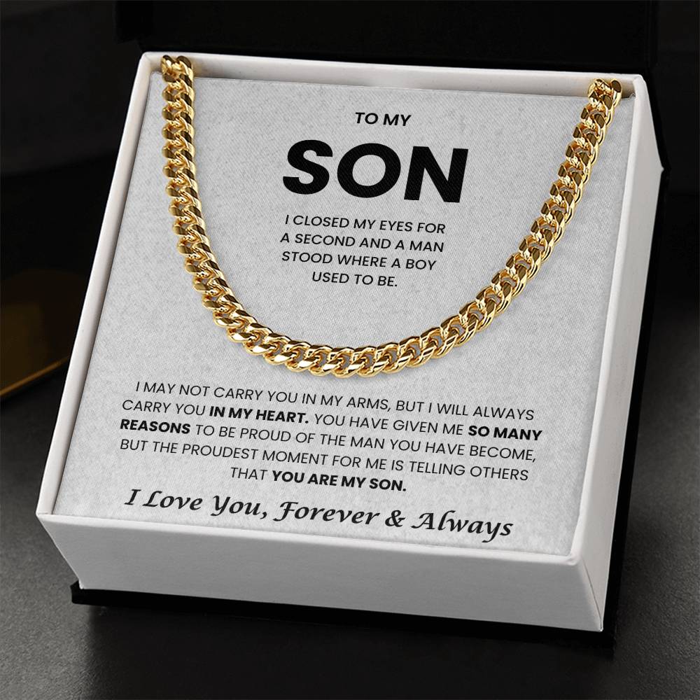 Gold Cuban Link Chain Necklace with heartfelt message to son, ideal for birthdays and holidays, in elegant gift box.