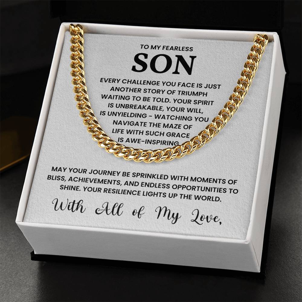 Gold Cuban Link Chain Necklace - To My Fearless Son - Inspirational Message Displayed in Gift Box