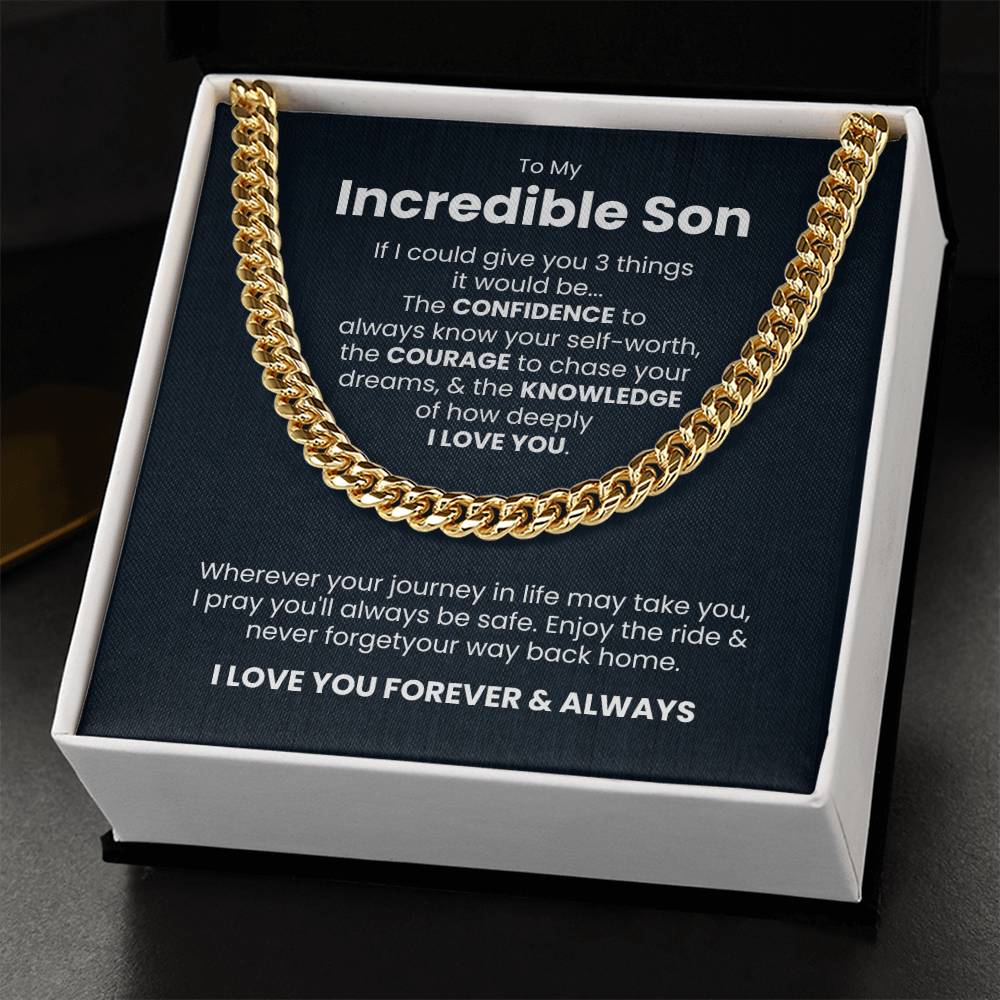 Gift box with gold Cuban link chain necklace for son, featuring an inspirational message about confidence, courage, and love.