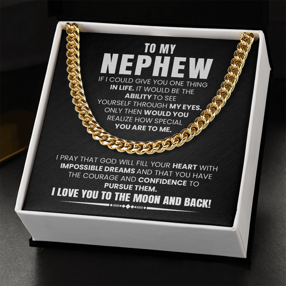 Cuban chain necklace gift for nephew with sentimental message card from aunt or uncle for birthday or graduation.