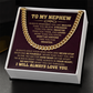 Gold Cuban chain necklace in box with 'To My Nephew' message card, ideal birthday or graduation gift from aunt or uncle, expressing love and pride.