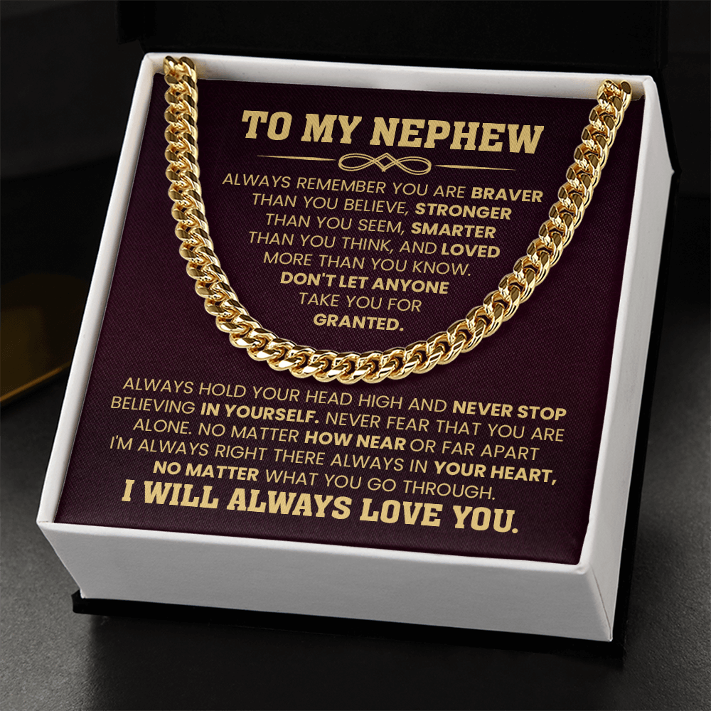 Gold Cuban chain necklace in box with 'To My Nephew' message card, ideal birthday or graduation gift from aunt or uncle, expressing love and pride.