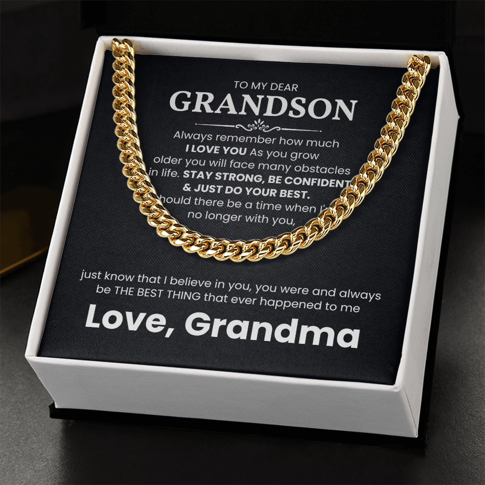 Gold Cuban Link Chain Necklace with message for grandson, styled in a gift box from Grandma, ideal for special occasions.