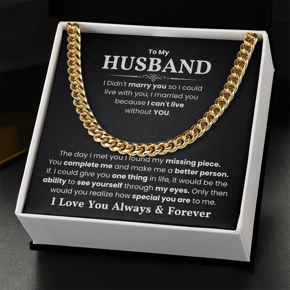 14K gold Cuban link chain necklace for husband with heartfelt message in gift box, perfect for special occasions and anniversaries.