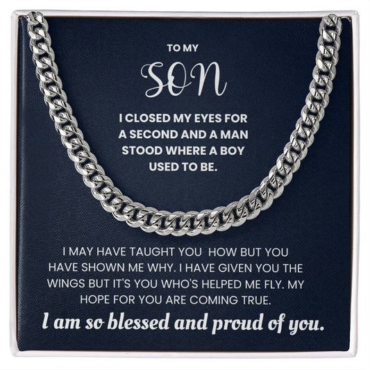 Alt Tag: "Cuban Link Chain Necklace Gift with Inspirational Message for Son, Silver Design"