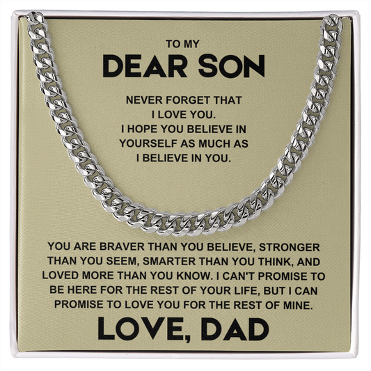 Cuban link chain necklace with 'To My Dear Son - Never Forget that I Love You' message from Dad, ideal gift for sons.