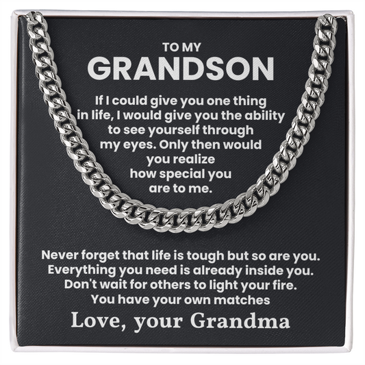 Cuban Link Chain Necklace with heartfelt message for grandson from grandma, encouraging strength and self-reliance.